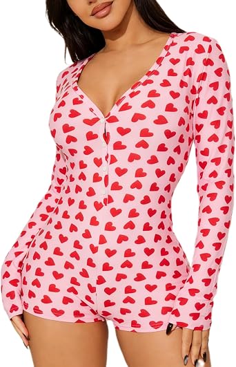 Hulpvktsgiq Womens Sexy V Neck Long Sleeve Shorts Romper Valentines Day One Piece Jumpsuit Bodycon Pajama Gym Bodysuit
