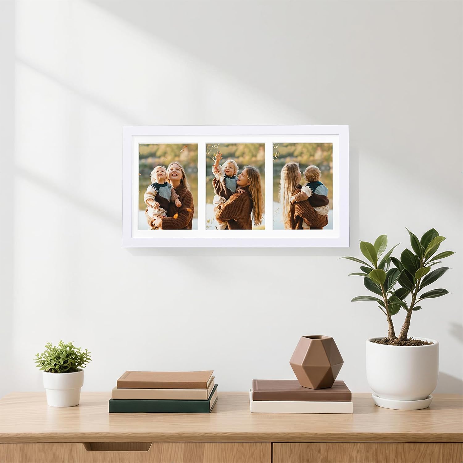 decoruhome 8x16 picture frames collage wall decor, display 3pcs 5x7 photos with mat or 1pcs 8x16 unmatted, 3 5x7 collage picture frames for wall mounting, white 8x16 (3-5x7) white
