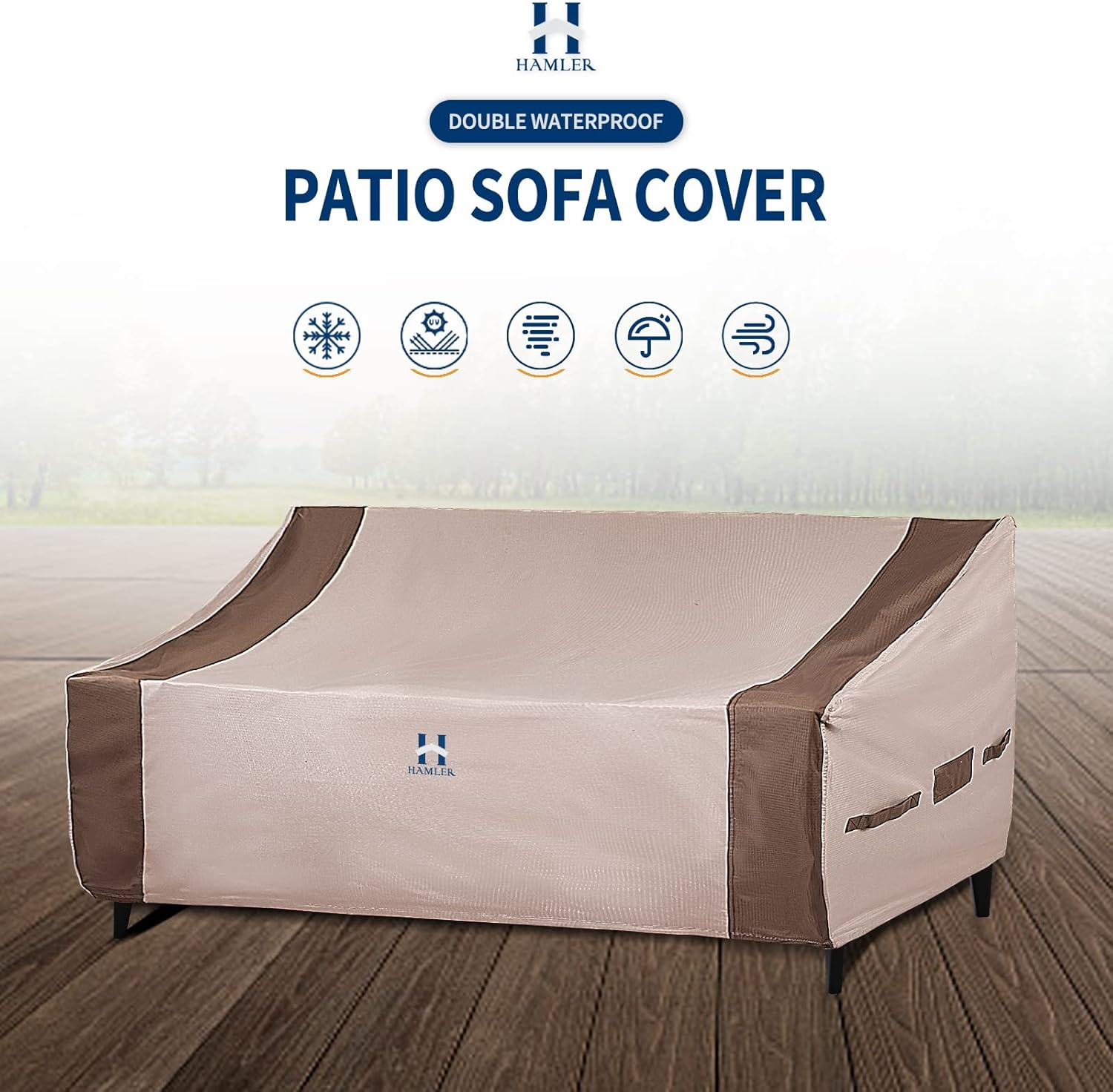 HAMLER Patio Sofa Cover, 4-Seater Heavy Duty Outdoor Couch Cover, Waterproof, Fits up to 124"W x 34"D x 24"H, Brown & Beige