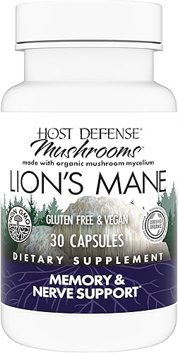 Host Defense Mushrooms Lion's Mane - Suplemento de apoyo para la salud cerebral para el enfoque y la función de la memoria - Suplemento de apoyo