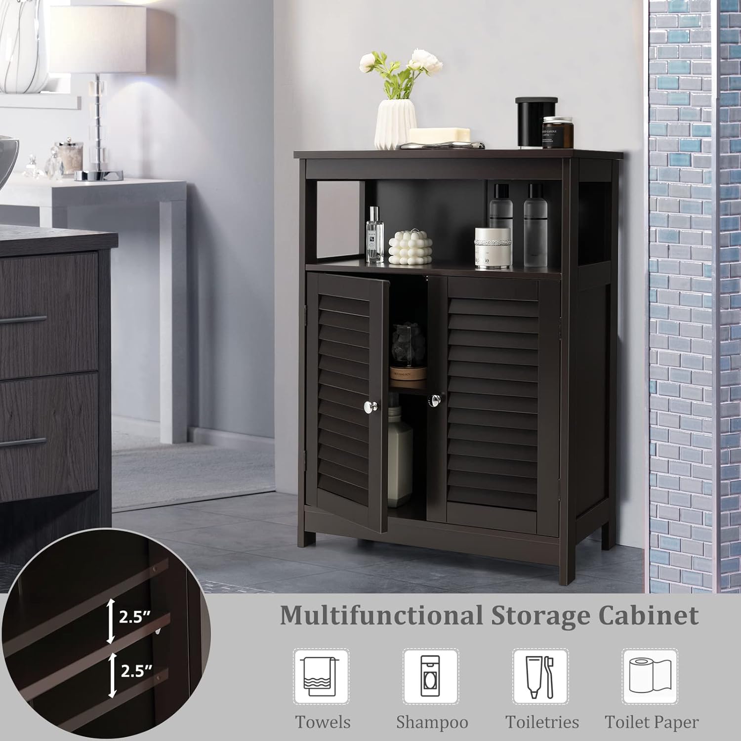 Tangkula Bathroom Floor Cabinet, Wooden Freestanding Storage Cabinet with Double Shutter Door & Adjustable Shelf, Storage Cabinet for Bathroom Living Room (Brown)