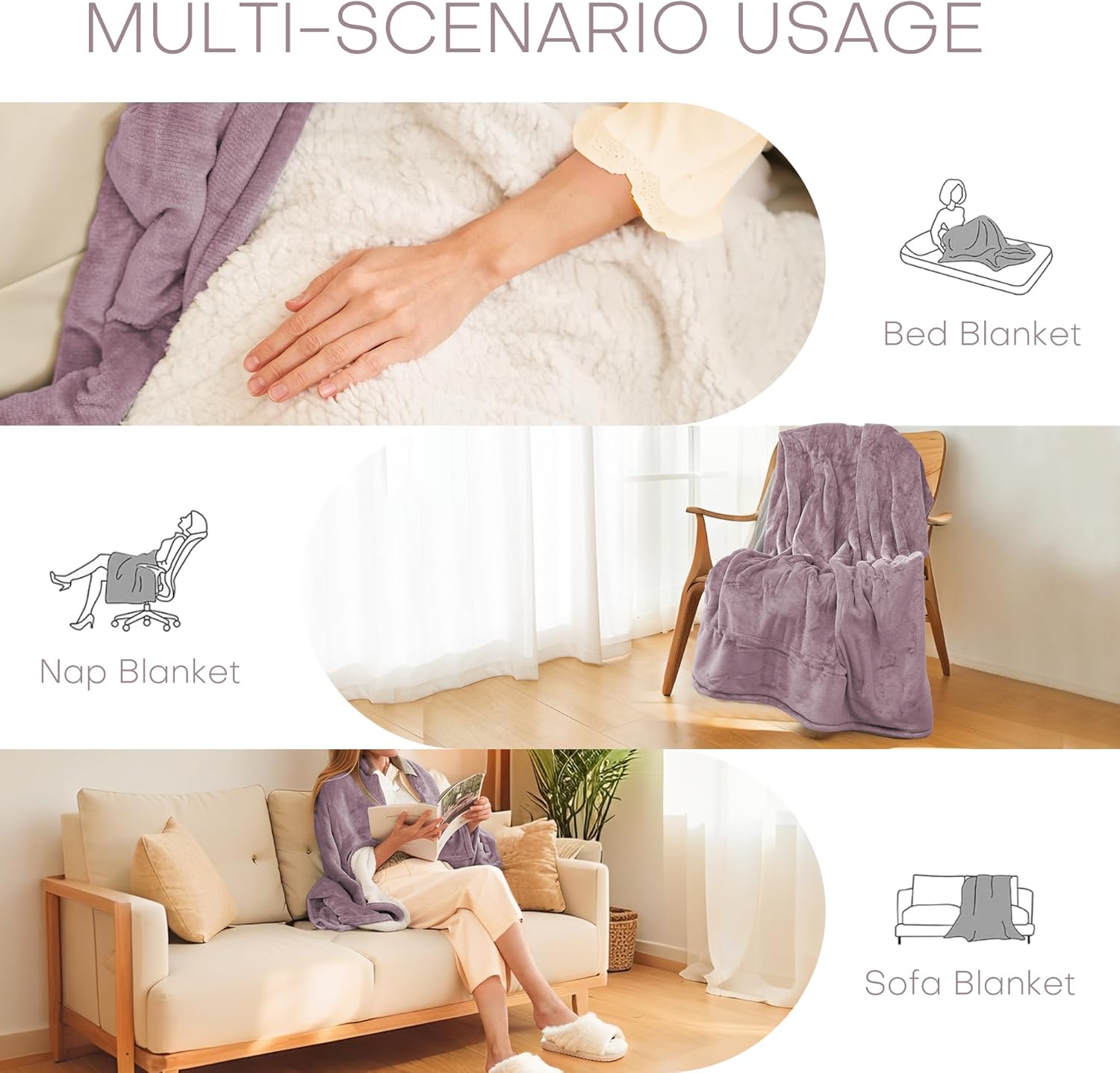 Electric Heated Blanket Throw Size 50"x60" - Flannel & Sherpa Fabric Dual-Sided, 6 Heat Settings & 1-3 Hours Auto Off, Soft & Cozy Machine Washable, Lavender Purple - Image 4