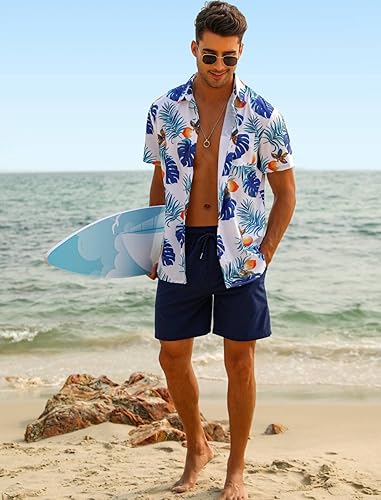 Miniatura 3 de EISHOPEER Conjunto de camisa hawaiana para hombre, camisa de manga corta con botones y pantalones cortos de playa sólidos de secado rápido, tallas