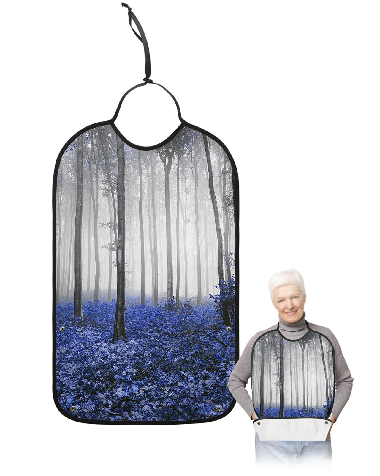 LEOKOTI Blue Forest Adult Bibs for Eating, Waterproof Bibs with Food Catcher & Adjustable Snap Closure, Fall Maple Leaf Natural Landscape Washable Clothing Protectors Adult Bibs for Elderly Women/Men