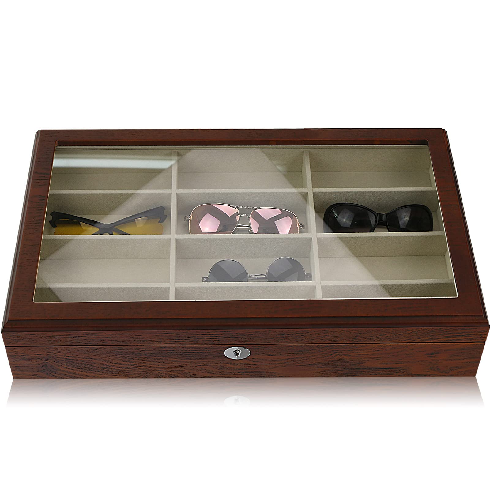 MOMODESIGNSWood 12 Sunglasses Storage Box and Eyeglasses Display Glass Top Window Key Lockable Case Organizer,Brown,GB-12RC
