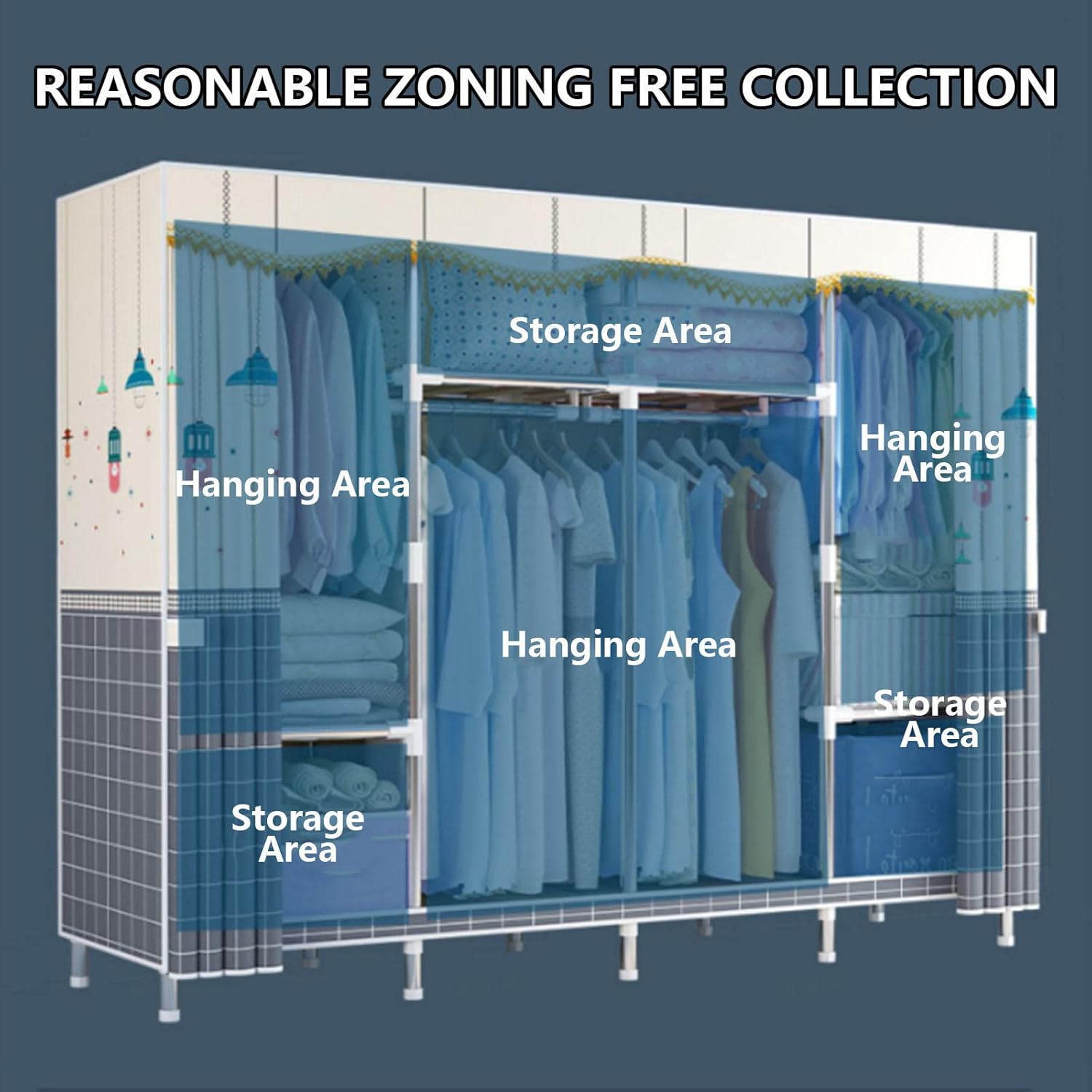 Wardrobe Portable Canvas Wardrobe for Bedroom, Clothes Closet Storage Organizer with Hanging Rails, Fabric Wardrobe for Bedroom,123x45x170cm