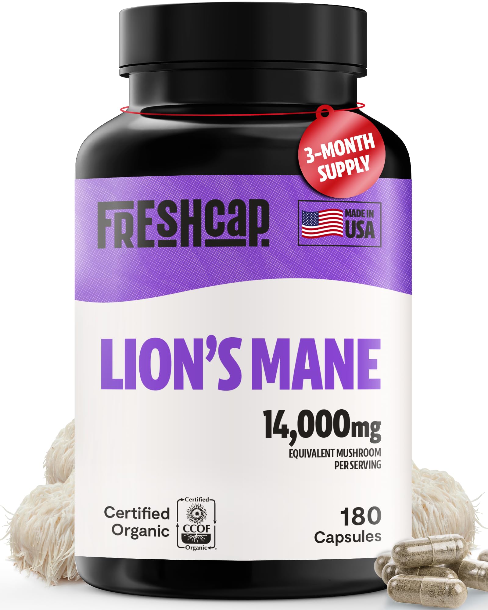 FreshCap Lions Mane Supplement Capsules 14,000mg - Lion's Mane Mushroom Extract for Brain Support, Premium Ayurveda Organic LionsMane Mushroom for Memory, Focus & Clarity (180 Capsules)USDA Organic