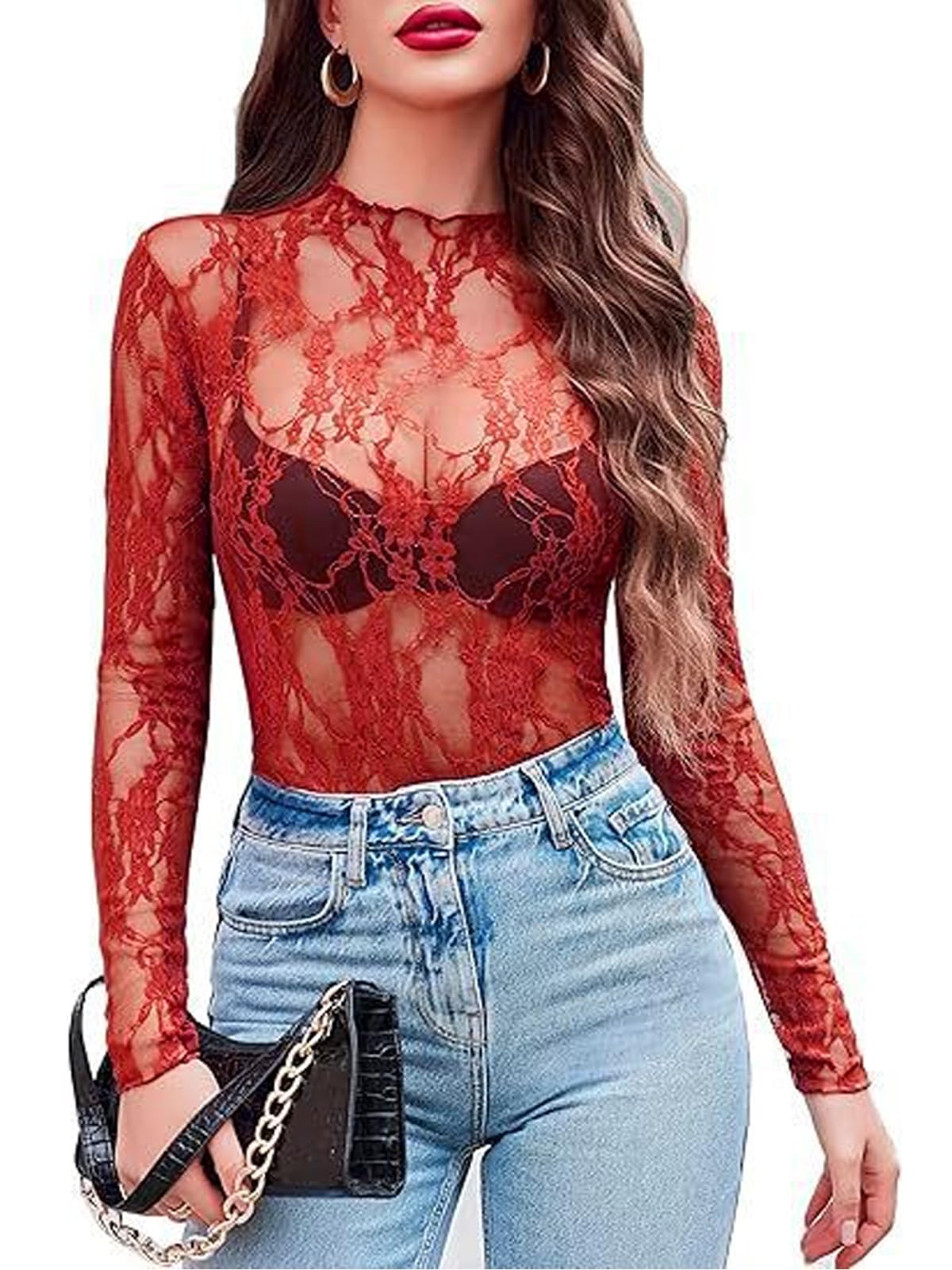 MIZSPISE Camiseta Mujer de Manga Larga Sexy Encaje Transparente Blusas Elegantes Fiesta Club Casual Festival Discoteca Camisas Regalos Cumpleaños Aniversario Blanco Negro Burdeos S-XL