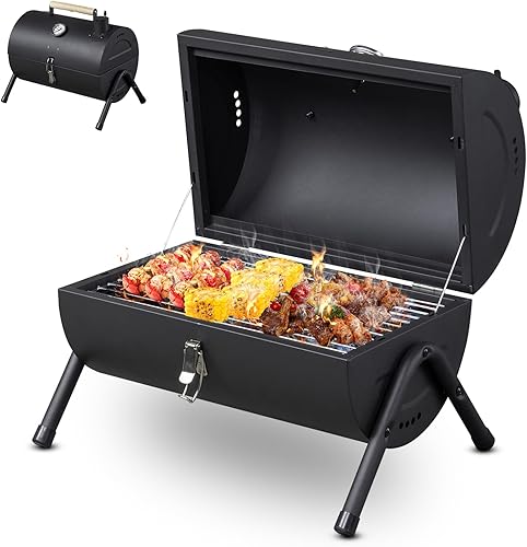 VINGLI Parrilla de carbón portátil con termómetro y mango de madera, multifuncional de metal, compacta, de mesa, barbacoa, parrilla de carbón al