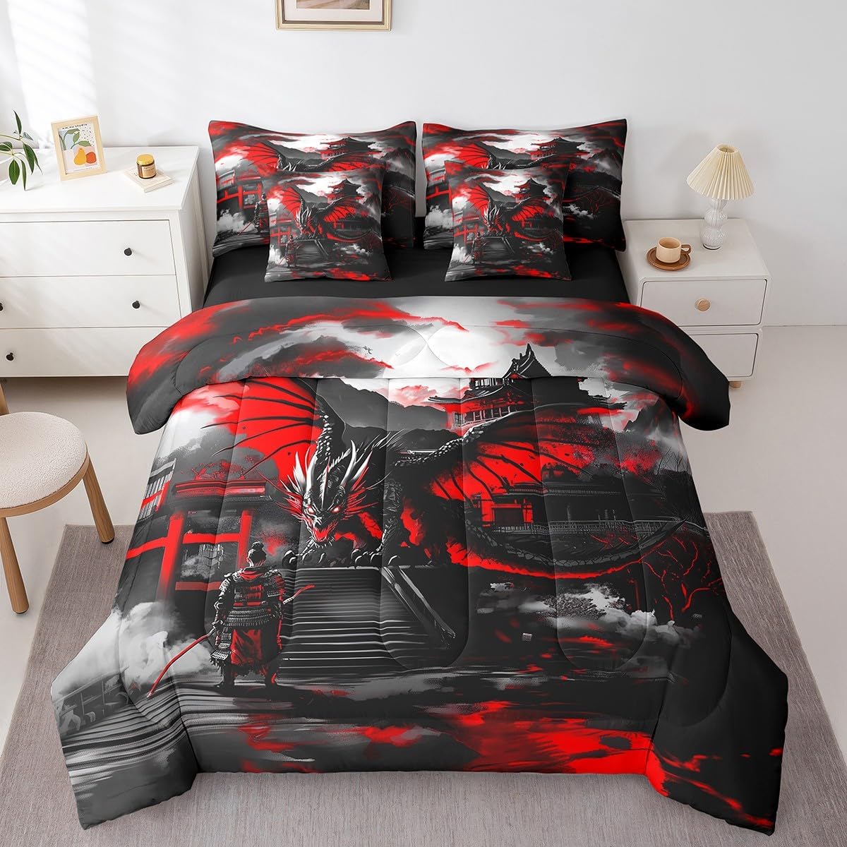 Queen Size 7 Pieces Bedding Sets Japanese Style Comforter Set Samurai Dragon Bed Sheet Black Red Reversible Printed Quilt Set + Flat Sheet + Fitted Sheet + 2 Pillowcase + 2 Throw Pillow Covers