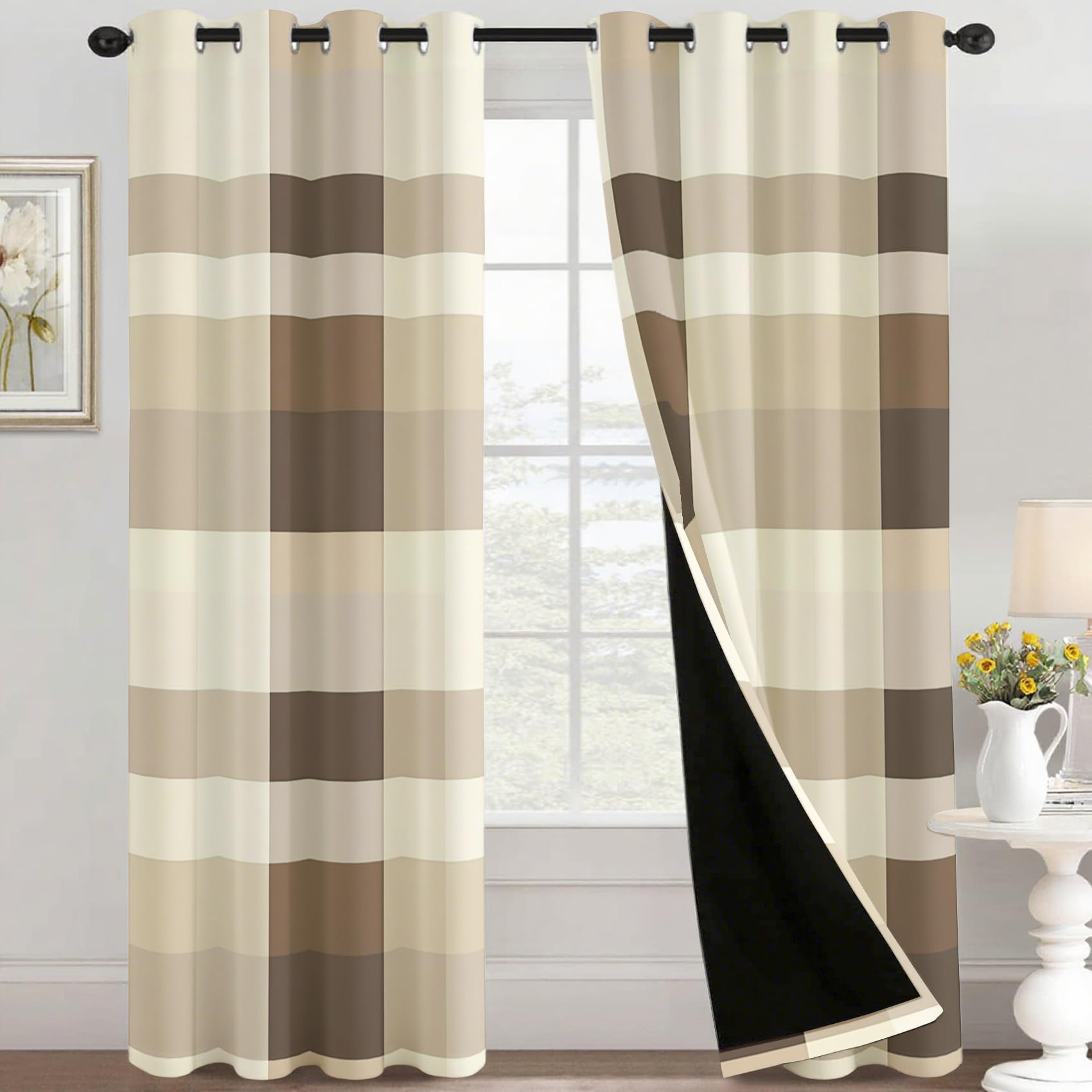 Générique Rideau Occultant Carreaux, 140 x 260 (LxH) 2 Pieces, Opaque 95%, Motif Géométrique Vichy, Rideaux Fenetre Thermiques à Oeillets, Decoration Maison Salon Chambre EB192