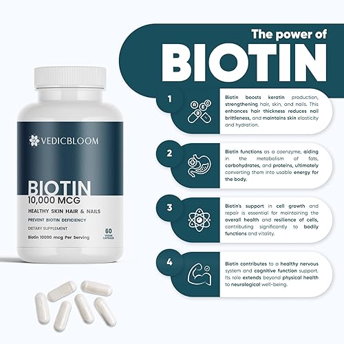 Miniatura 4 de Cápsulas de biotina 10,000 mcg  Cápsulas veganas de alta potencia para un cabello, piel y uñas saludables  Sin gluten, sin OMG, 60 cápsulas