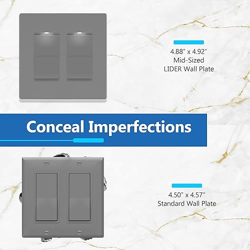 Miniatura 554 de LIDER - Cubierta decorativa de interruptor doble con acabado mate, placa de pared sin tornillos, tamaño mediano, 2 bandas, 4.88 x 4.92 pulgadas