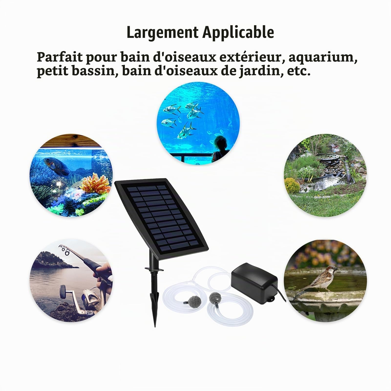 Pompe à oxygène Solaire, Oxygénateur Aquarium, Pompes à Air Aquarium Solaire, Oxygénateur de réservoir de Poissons, Bulleur Bassin avec Oxygène Pipe et 2 Air Bubble Stone