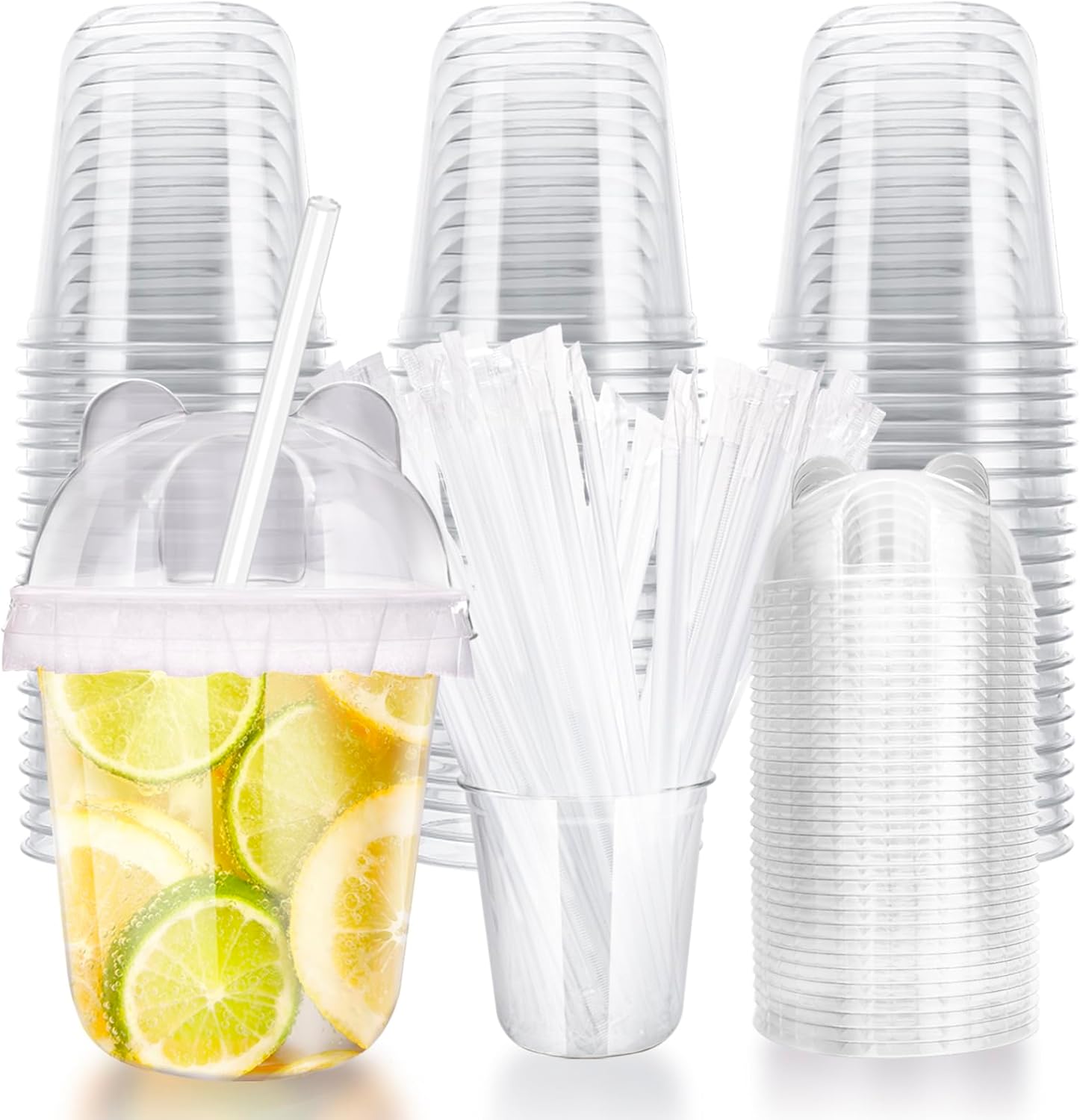 12oz Disposable Stemless Glasses With Bear ears Dome Lids and Straws,PET Disposable Drinking Cups,Clear Plastic Wine Glasses for Parties Birthday,Wedding,Meeting,Party Supplies (50, Transparent)