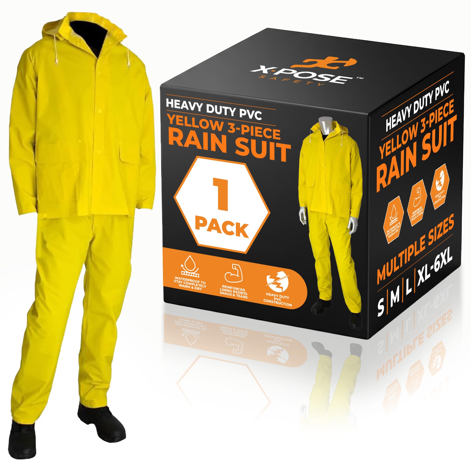 Xpose Safety 3pc Yellow Rain Suit – 48" .35mm PVC Waterproof Raincoat Jacket, Detachable Hood &amp; Pants for Storms,Fishing,Work