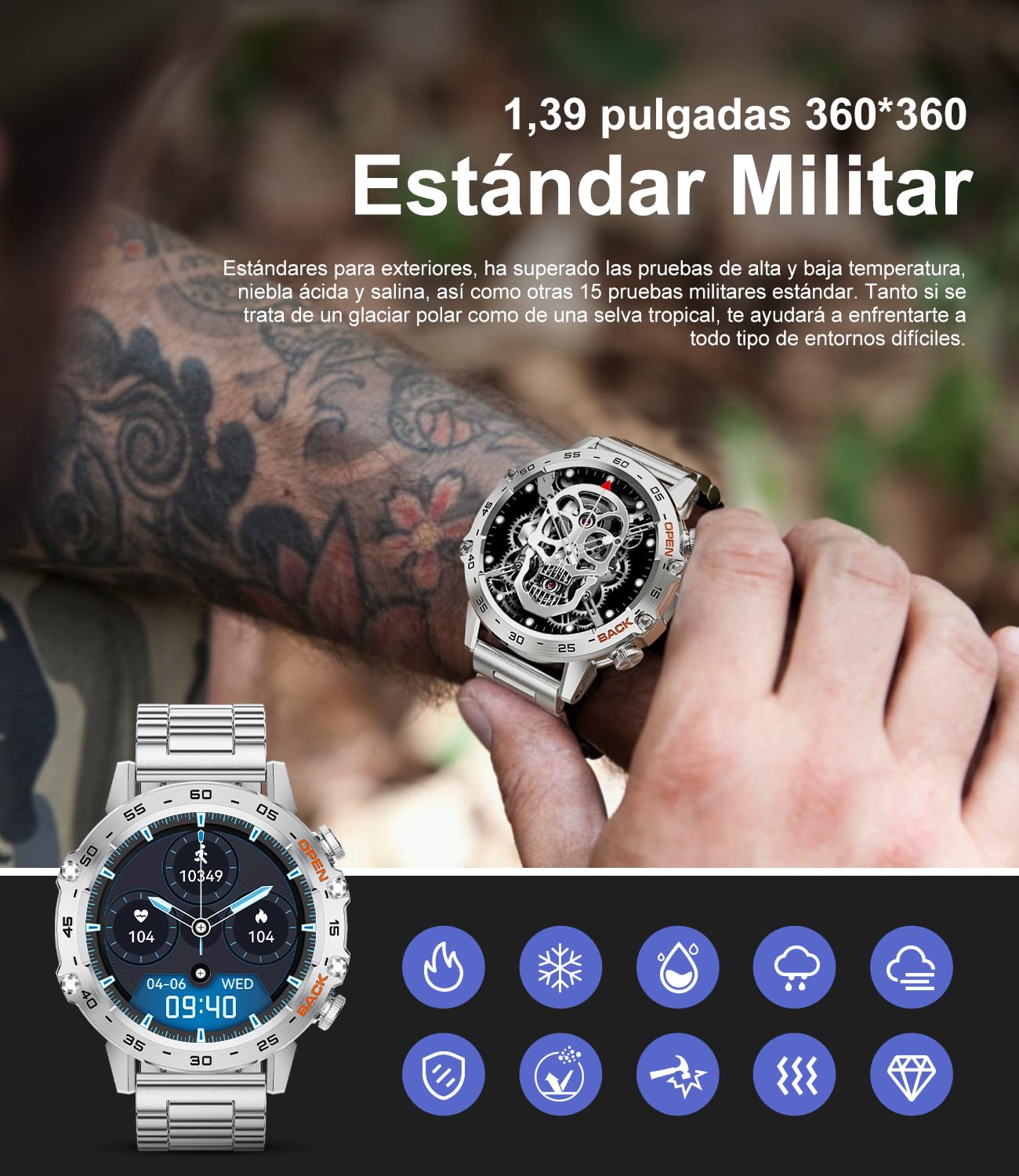 Smartwatch Uomo Chiamata Bluetooth con Effettua/Risposta Chiamate, 1,39" Orologio Smartwatch Militare con 2 Cinturini, 123 Modalità Sportive, Smartwatch con SpO2/Cardiofrequenzimetro per Android iOS