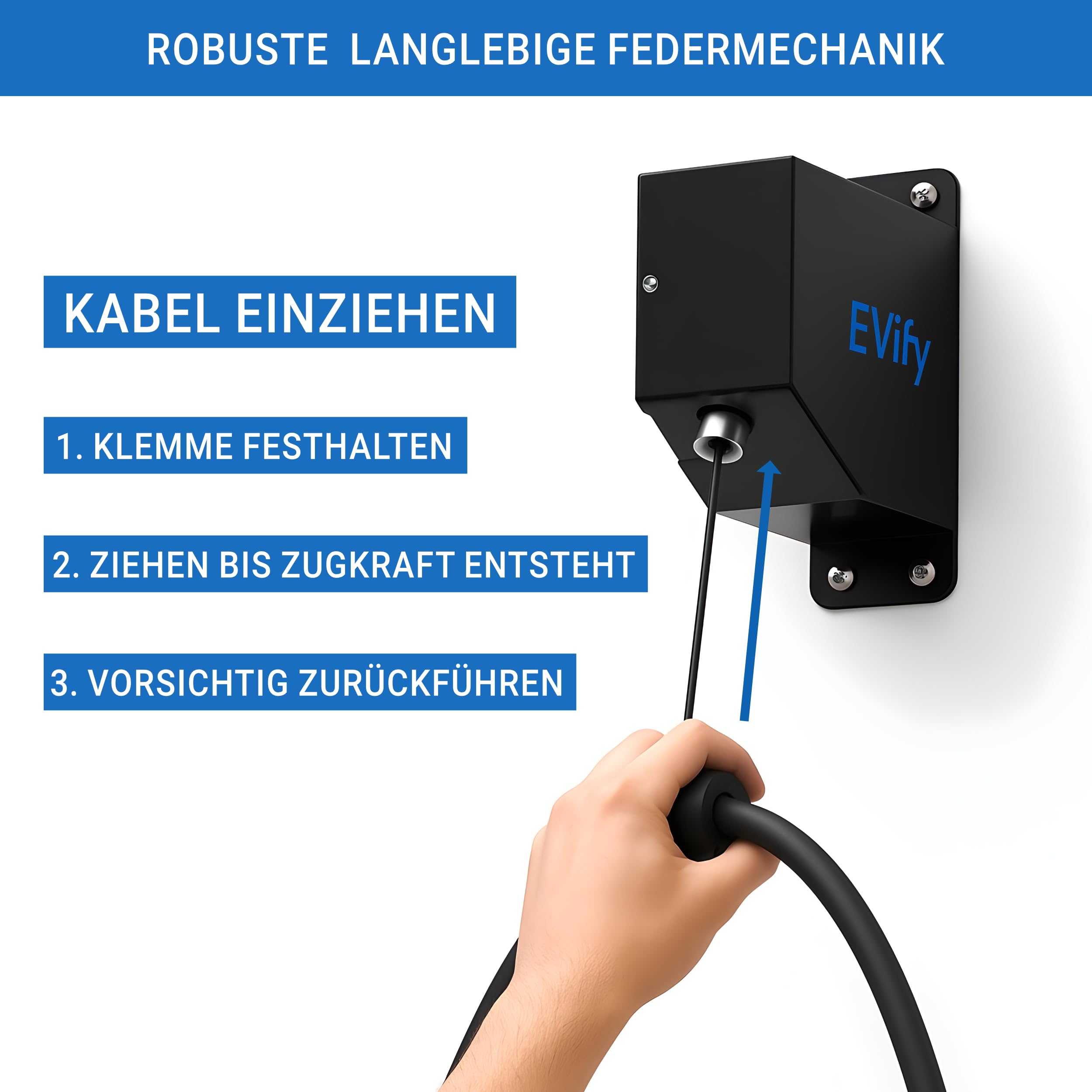 Automatycznie chowany uchwyt na kabel Wallbox EVify • Uchwyt na kabel ładujący typu 2 do montażu na ścianie • Uchwyt na kabel ładujący typu 2 ze stalową obudową •