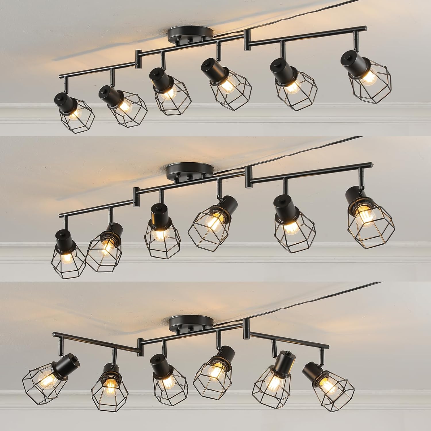 Dimmable Black 6 Light Plug in Ceiling Light,Plug in Track Lighting,16.5' Long Cord with On/Off Dimming Switch,Modern Track Lighting Fixture for Livingroom Bedroom Kitchen