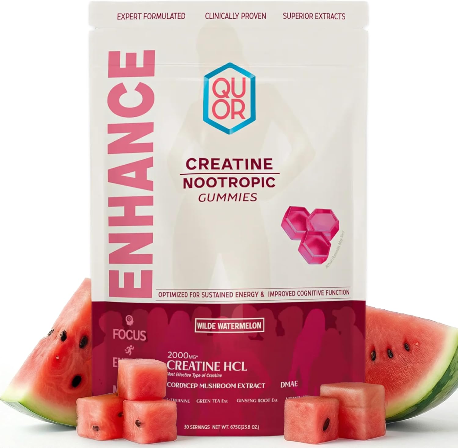 QUOR Enhance Creatine HCl Gummies | Vegan Nootropic Stack for Men & Women with Cordyceps, L-Theanine & Vitamin B12 | Supports Sustained Energy, Cognitive Function (150 Gummies, Wilde Watermelon)