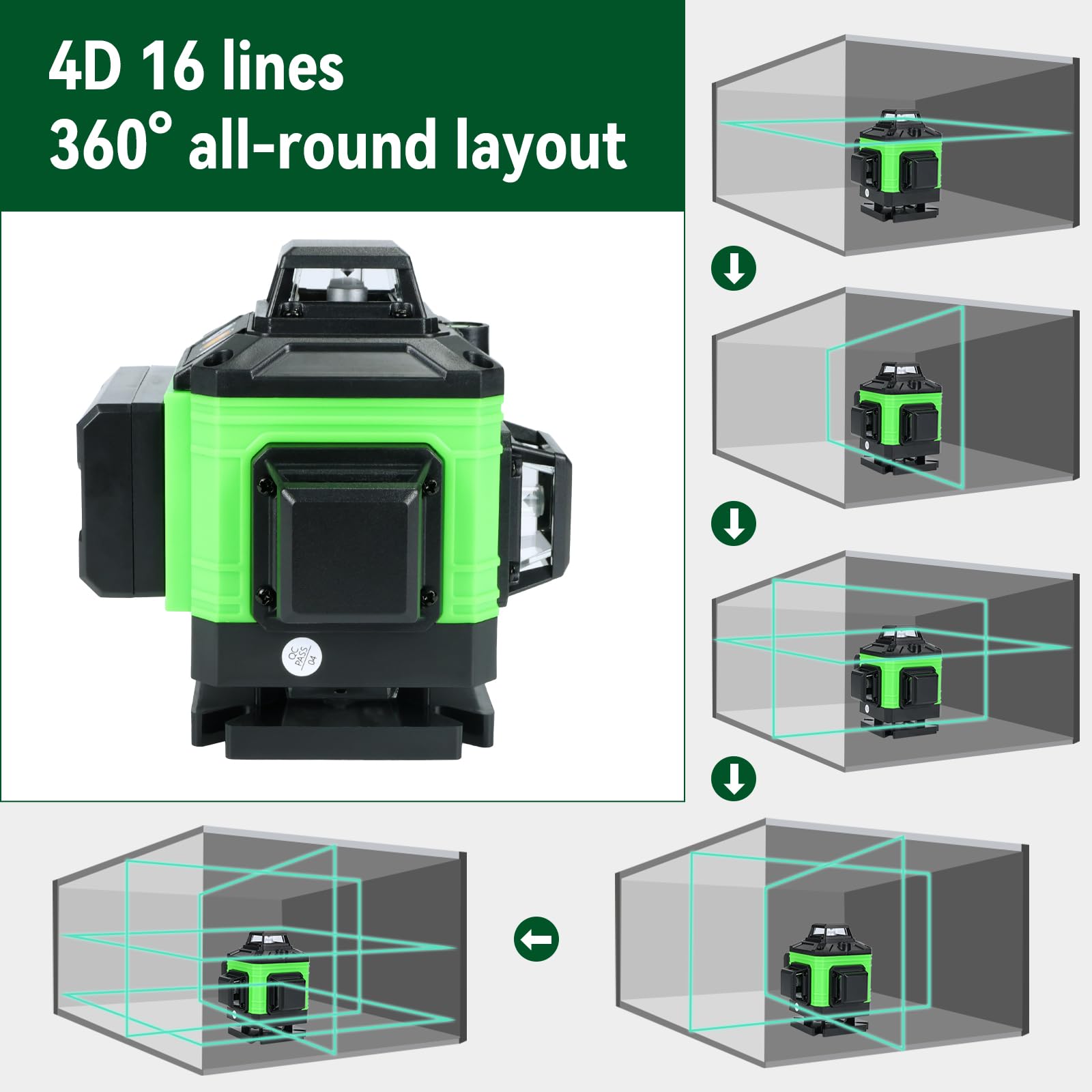Kreuzlinienlaser mit Stativ – Selbstnivellierender Kreuzlinienlaser 16 Linien 360°, Laser Wasserwaage mit grünem Laser für Bauprojekte, Renovierung, inklusive Transportkoffe (XSL01- mit Stativ)