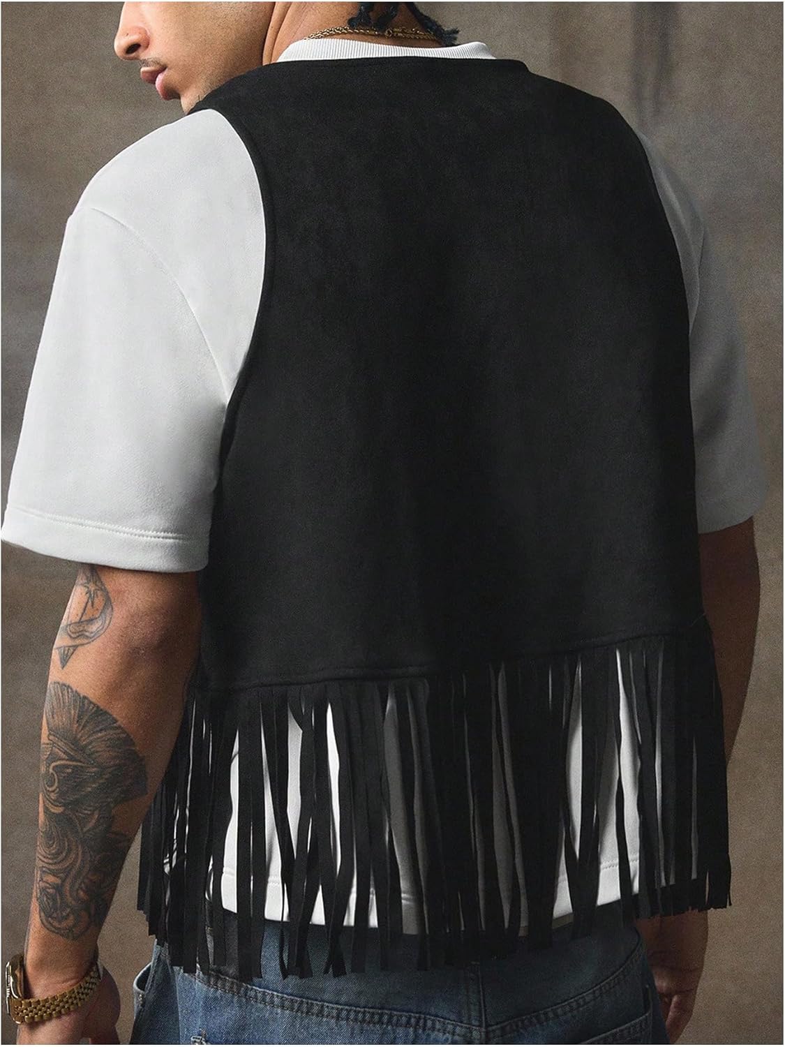 SHENHE Men's Western Cowboy Fringe Vest Sparkle Rhinestone Open Front 70s Hippie Vest Jacket - Image 4