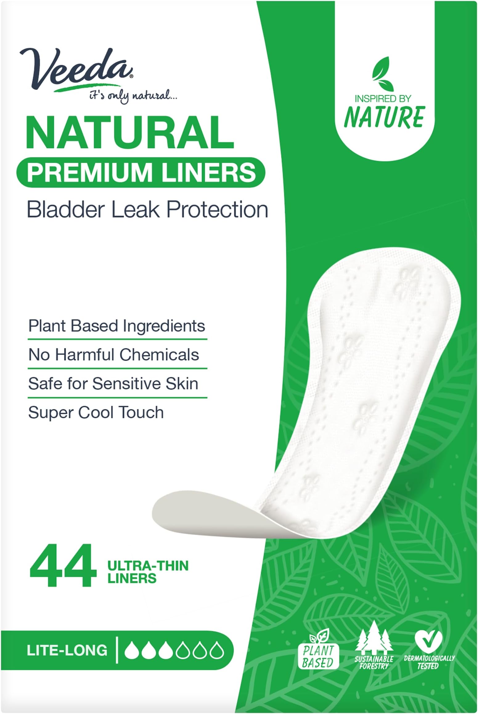 VeedaNatural Premium Ultra Thin Panty Liners for Women - Breathable Thin Daily Liners are Always Chlorine and Toxin Free - Hypoallergenic & Long Length Pantiliners - Lite Long Absorbency - 44 Count