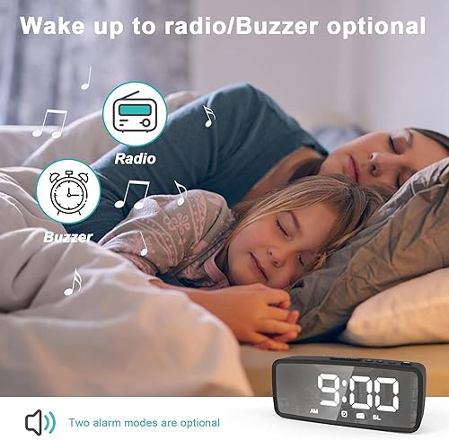 Miniatura 5 de Reloj despertador de radio, despertador digital para dormitorios con radio FM, pantalla LED de brillo ajustable, repetición, funciona con pilas,