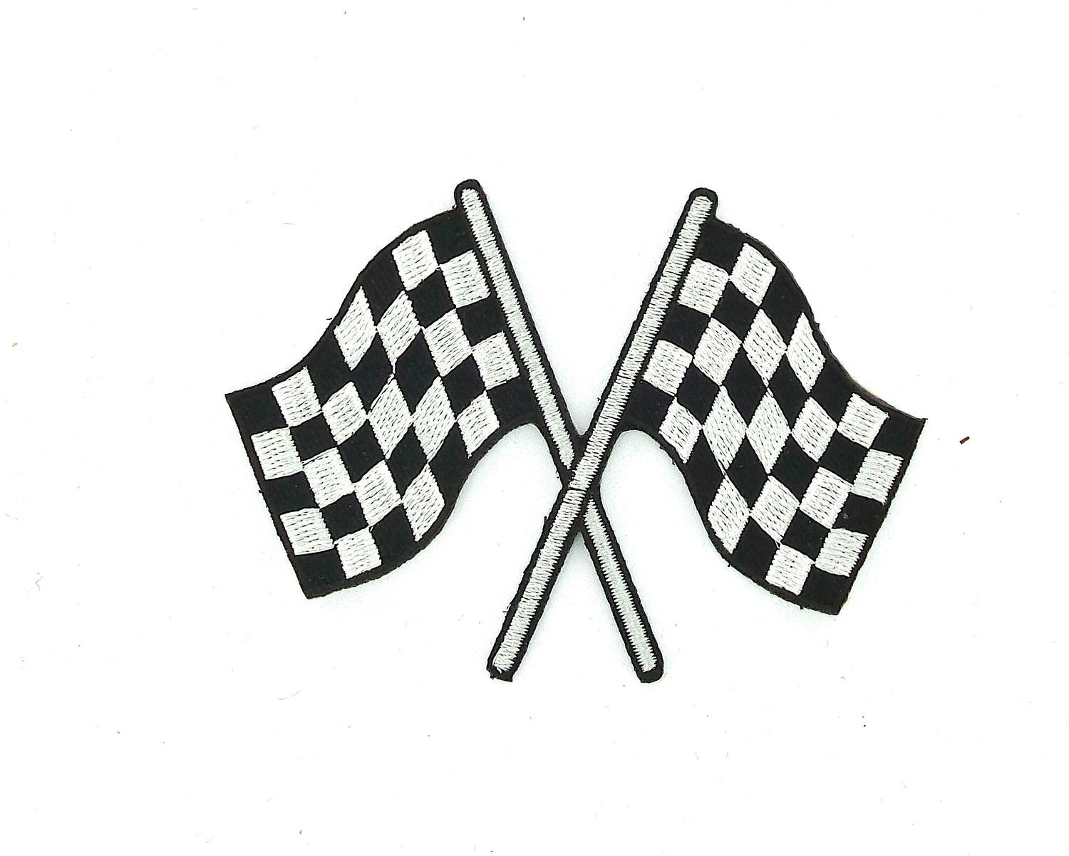Iron-On Embroidered Patch Badge Chequered Flag Race Cars and Motorcycles
