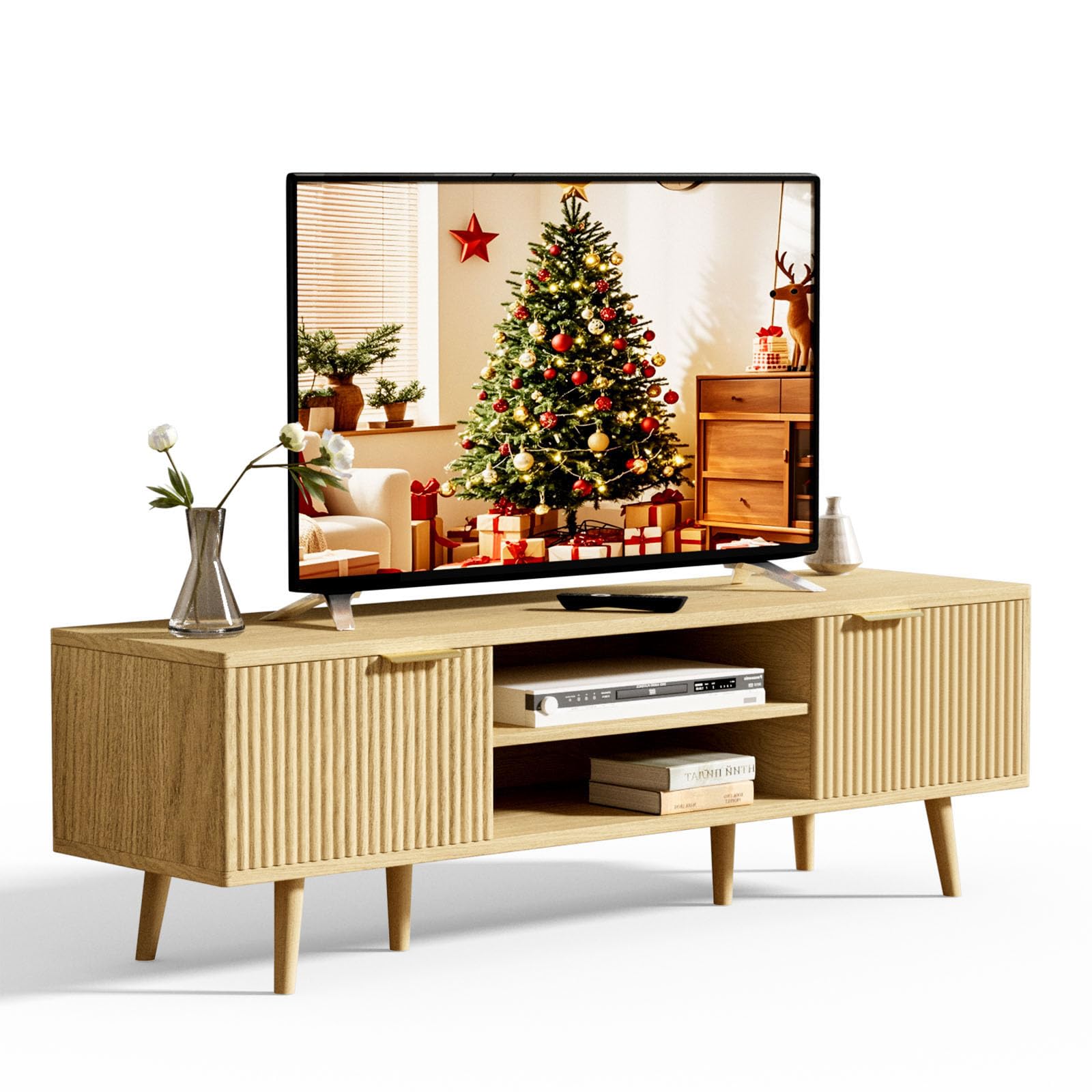 YLGJ&TIDY 140 CM Mueble de TV, Estilo Mid-Century Moderno Mesa de TV, 2 Almacenamiento Abierto & 2 Gabinetes Mueble Salon TV, Compatible con TV 55/60/65 Pulgadas, Madera Natural