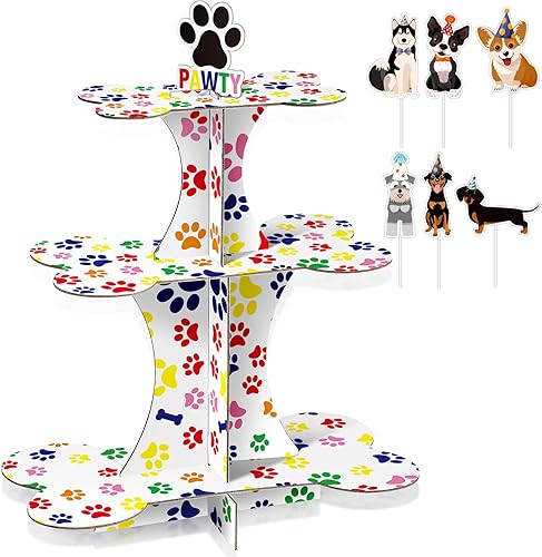 Bokon Soporte de 3 niveles para cupcakes de perro y 24 piezas de decoración para cupcakes para perros, suministros de fiesta de cumpleaños para