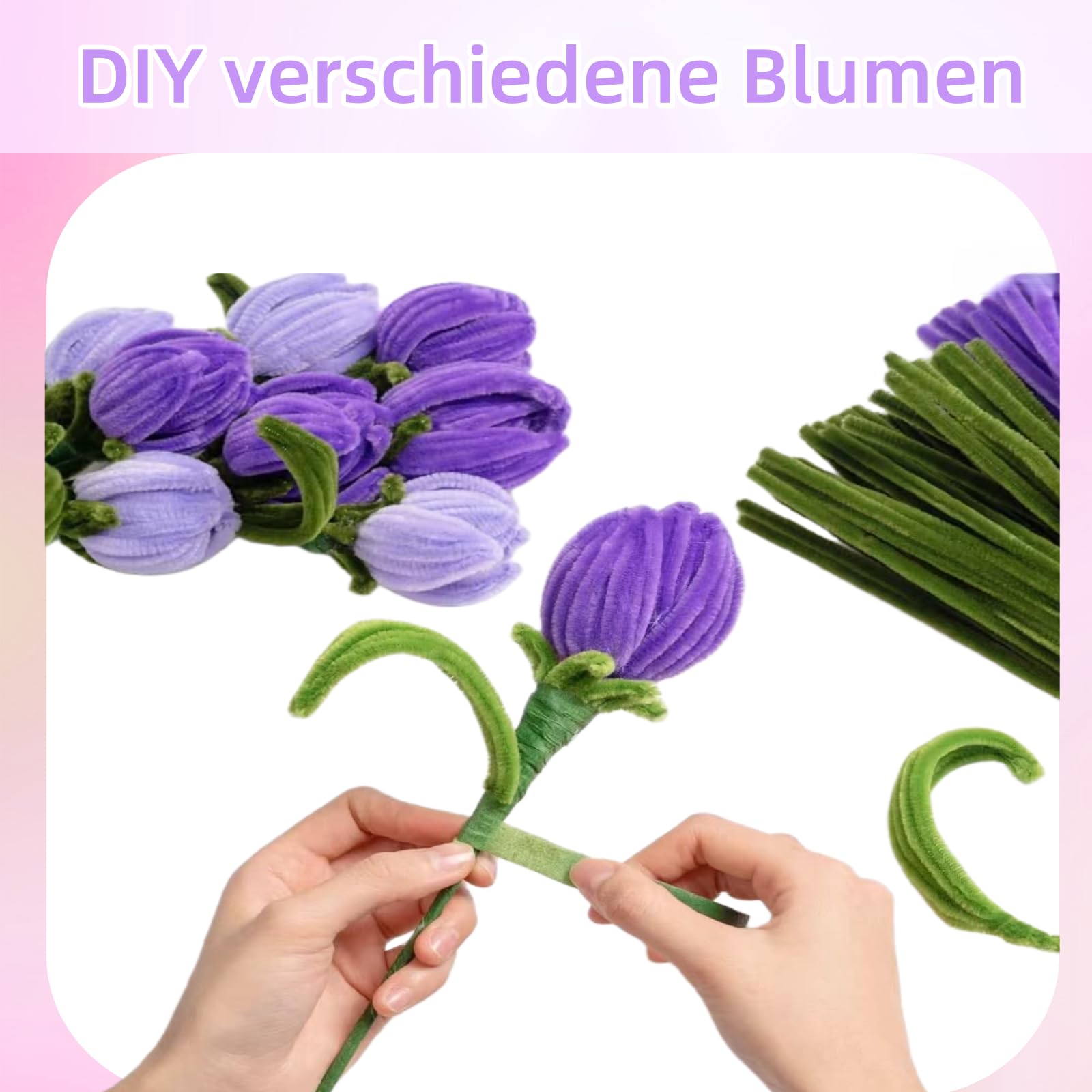 523 Pieces Pipe Cleaners Flowers Creative DIY Craft Set with 400 Pipe Cleaners Flexible Chenille Wire (30 cm) Pink, Green with Flower Handle Adults & Decoration (Purple) - Image 4