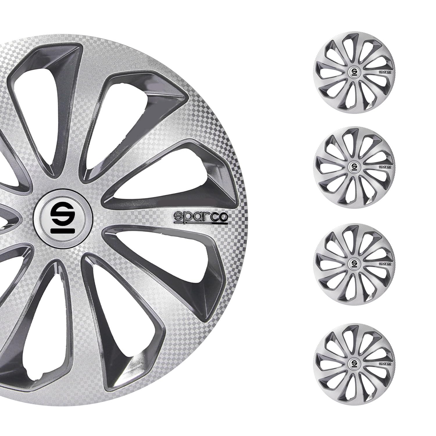 SPARCO Tapacubos Kit gris/plata carbón Embelecedores De Rueda Juego de tapacubos SPC1475SVGRC