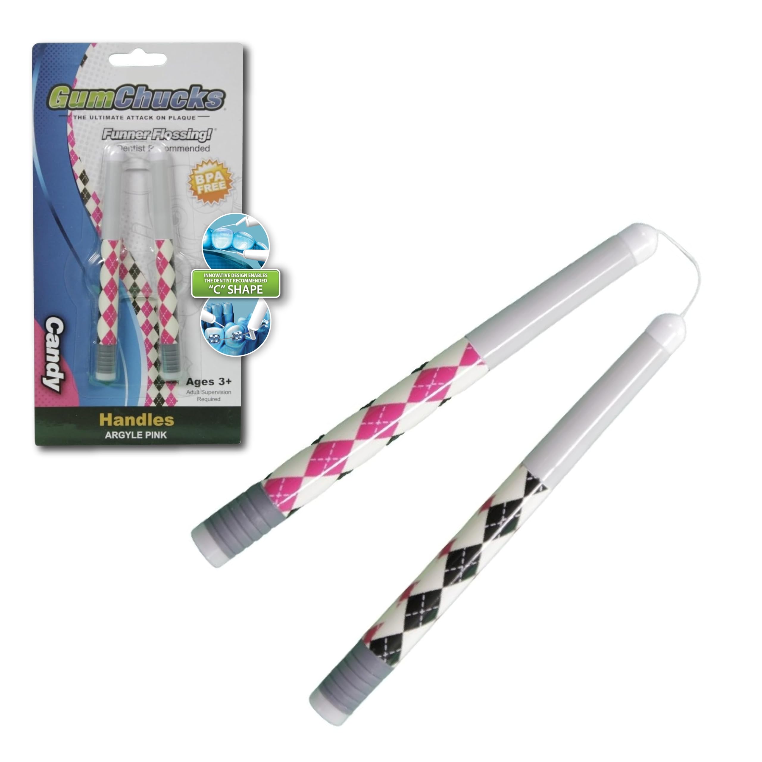 GumChucks Floss for Teeth - Flossing for Kids and Adults - Orthodontic Flossers for Braces - Dental Gum Floss Picks for All Ages (Pink Argyle - Candy)