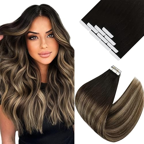 Miniatura 1 de Ve Sunny Extensiones de cabello con cinta adhesiva, color negro degradado, extensiones de cabello humano real, color negro natural, marrón oscuro