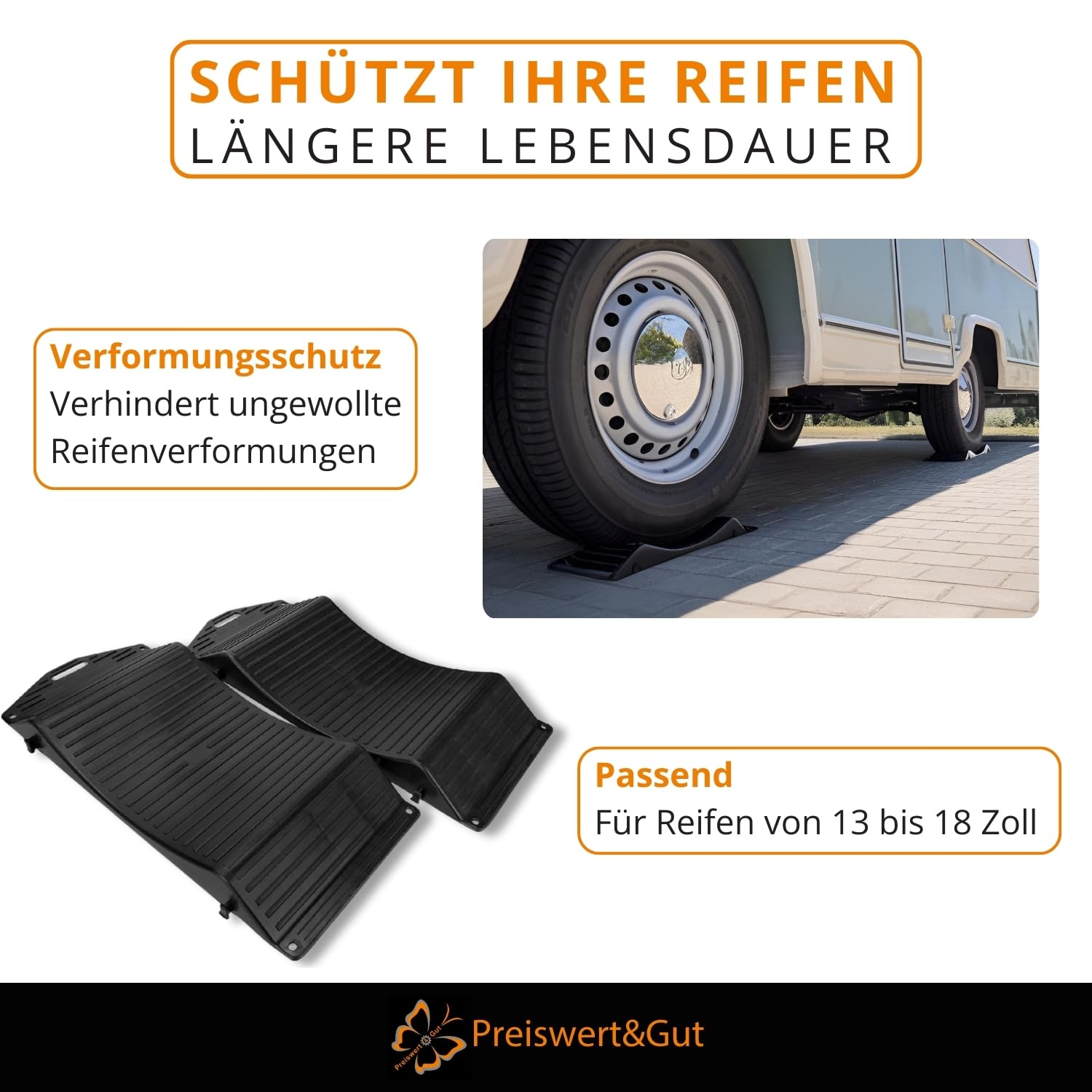 Preiswert & Gut 2X Reifenschoner für Wohnmobil aus Kunststoff 13–18 Zoll zur Reifenentlastung bei Standzeiten auf festem Untergrund, Reifenschutz Set gegen Reifenstandplatten