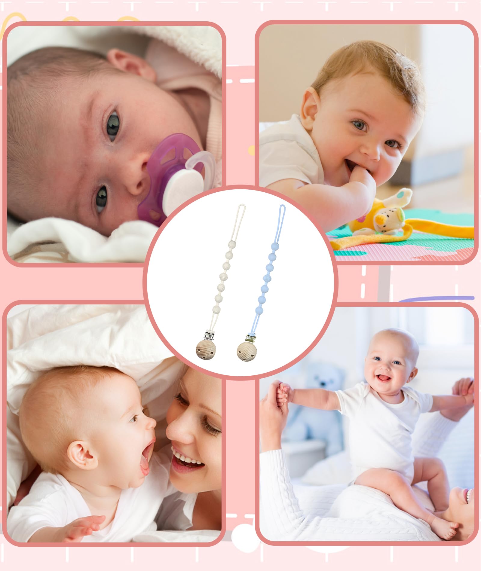 2PCS Pacifier Chain, Pacifier Holder Chain for Baby, White + Blue Wooden Clip Silicone Teether, Secure Attachment for Newborns & Toddlers, Convenient for Home & Outdoor Use - Image 7 thumbnail