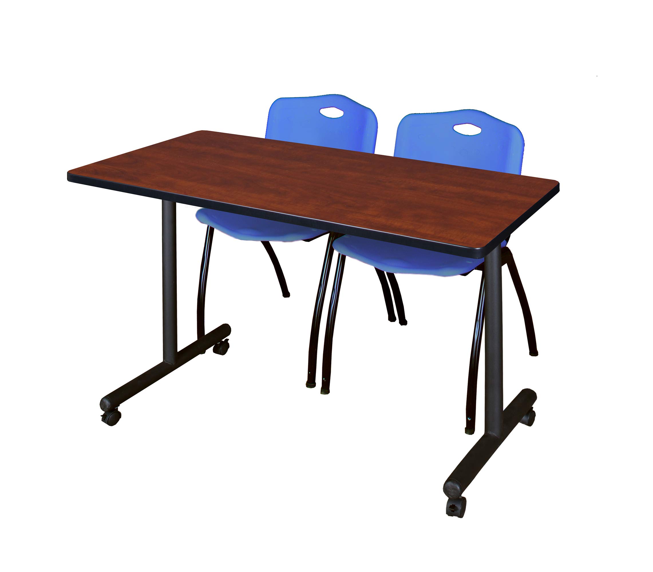 Romig Axis-Pro 48 x 24 in. Mobile T-Base Training Table- Cherry, 2 M Stack Chairs- Blue