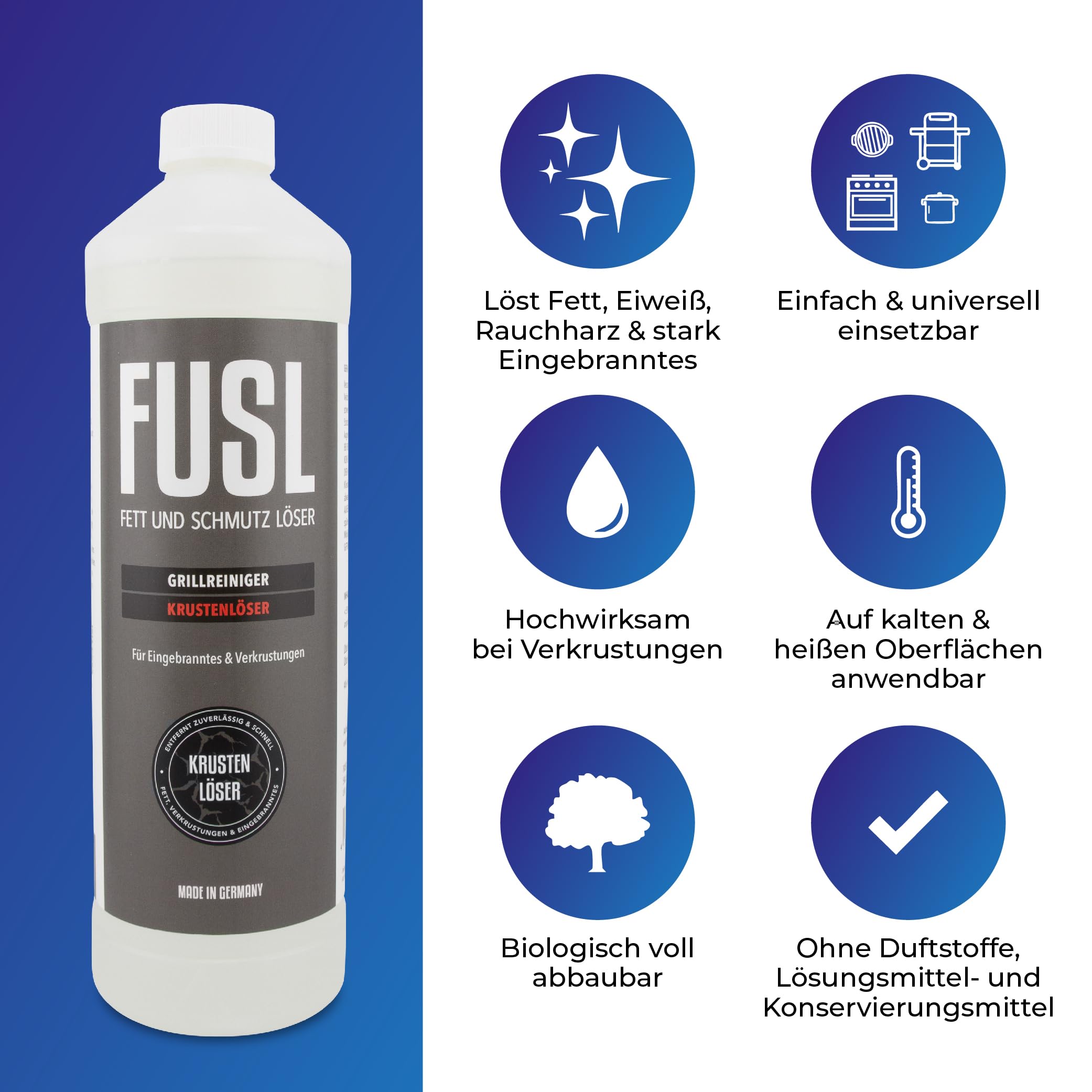FUSL Komplett-Reinigungsset: FOAMSTER-Schaumkanone plus 1 Liter Krustenlöser – Hochaktiver Grill- und Backofenreiniger, Aktivschaum entfernt Fett & Eingebranntes, Bio-Abbaubar