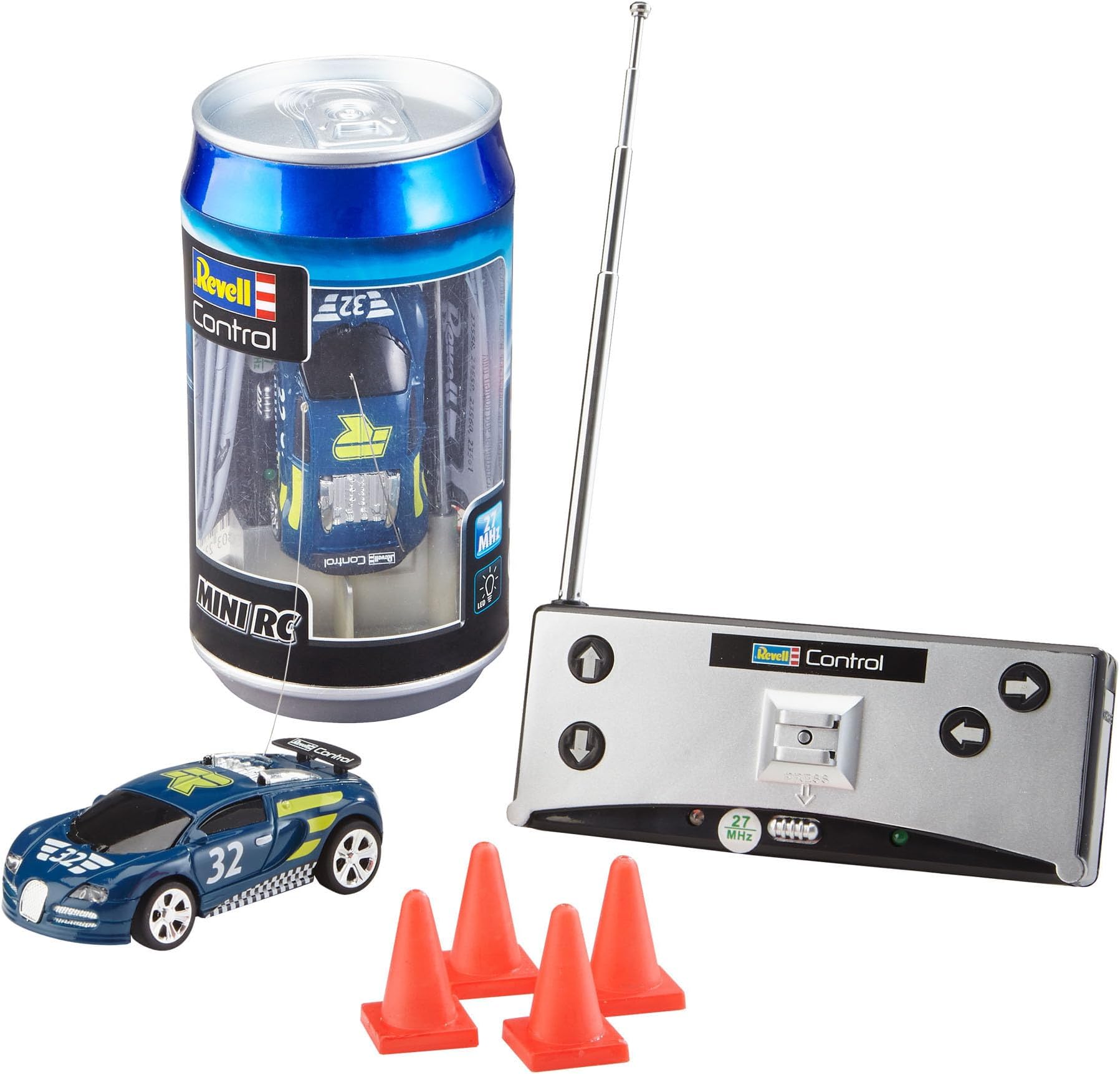 Revell Control 23561 Mini Remote Control Car Racing Car Blue, With 27 MHz Control, In a Can Container, Includes Traffic Cones, 8cm in length
