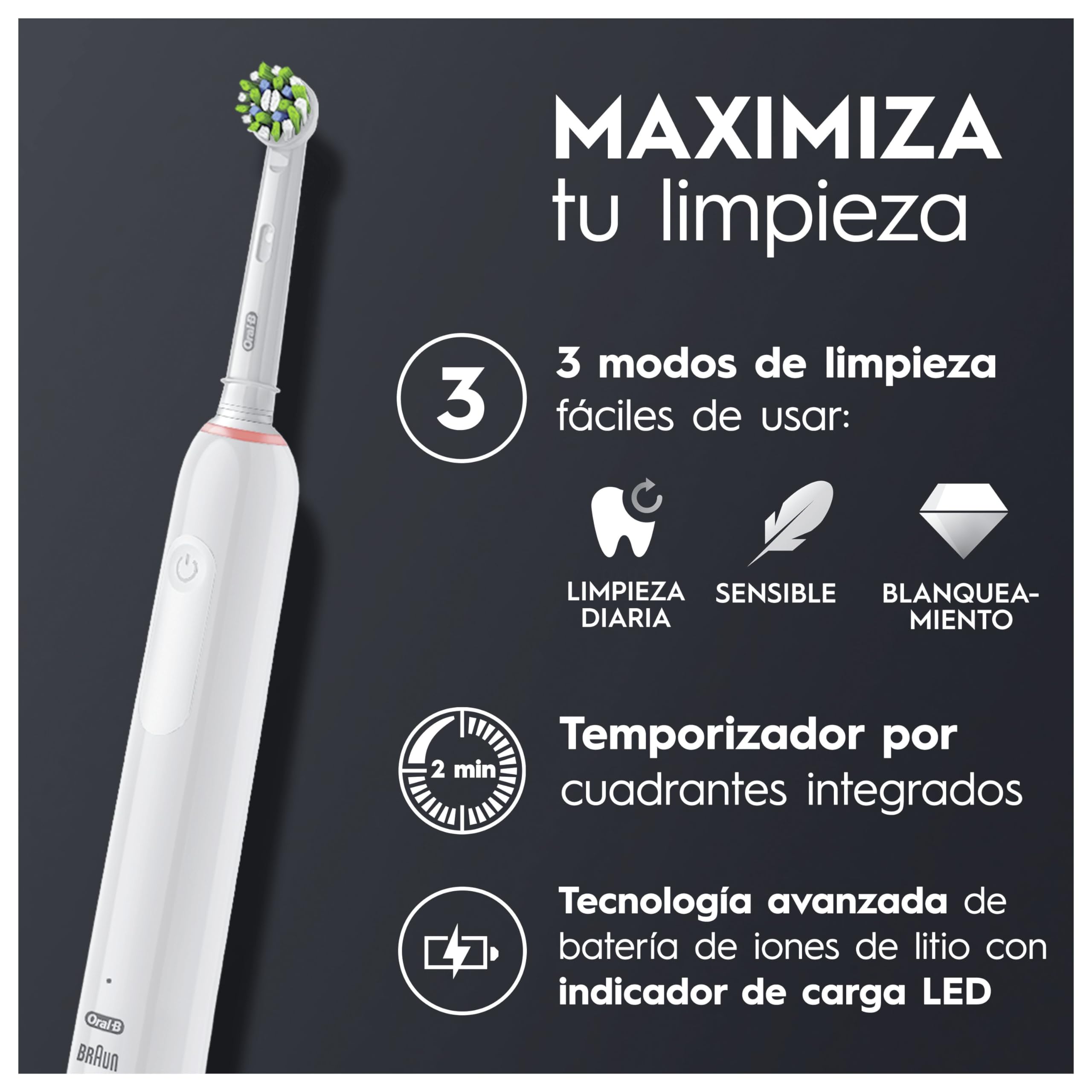 Oral-B Pro 3 Cepillos de Dientes Eléctricos, Negro y Blanco, Pack De 2 - con Mango Recargable Y 4 Cabezales de Recambio, 3 Modos de Cepillado con Modo Sensible, Temporizador, Diseñado por Braun