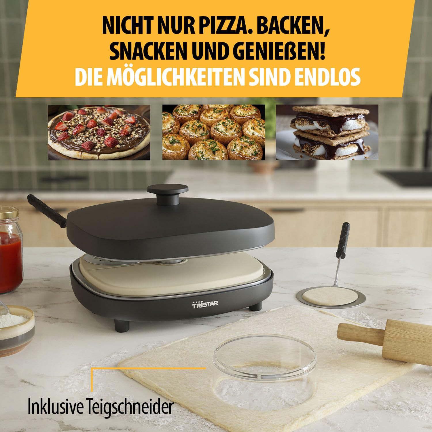 Tristar Pizza Family 4 Pizza Maker, 25x25 cm, 900 W, Für 4 Personen, PFAS-freie Keramikbeschichtung, Abnehmbare Platten, 4 Pizzaschaufeln & Teigschneider, PZ-9174
