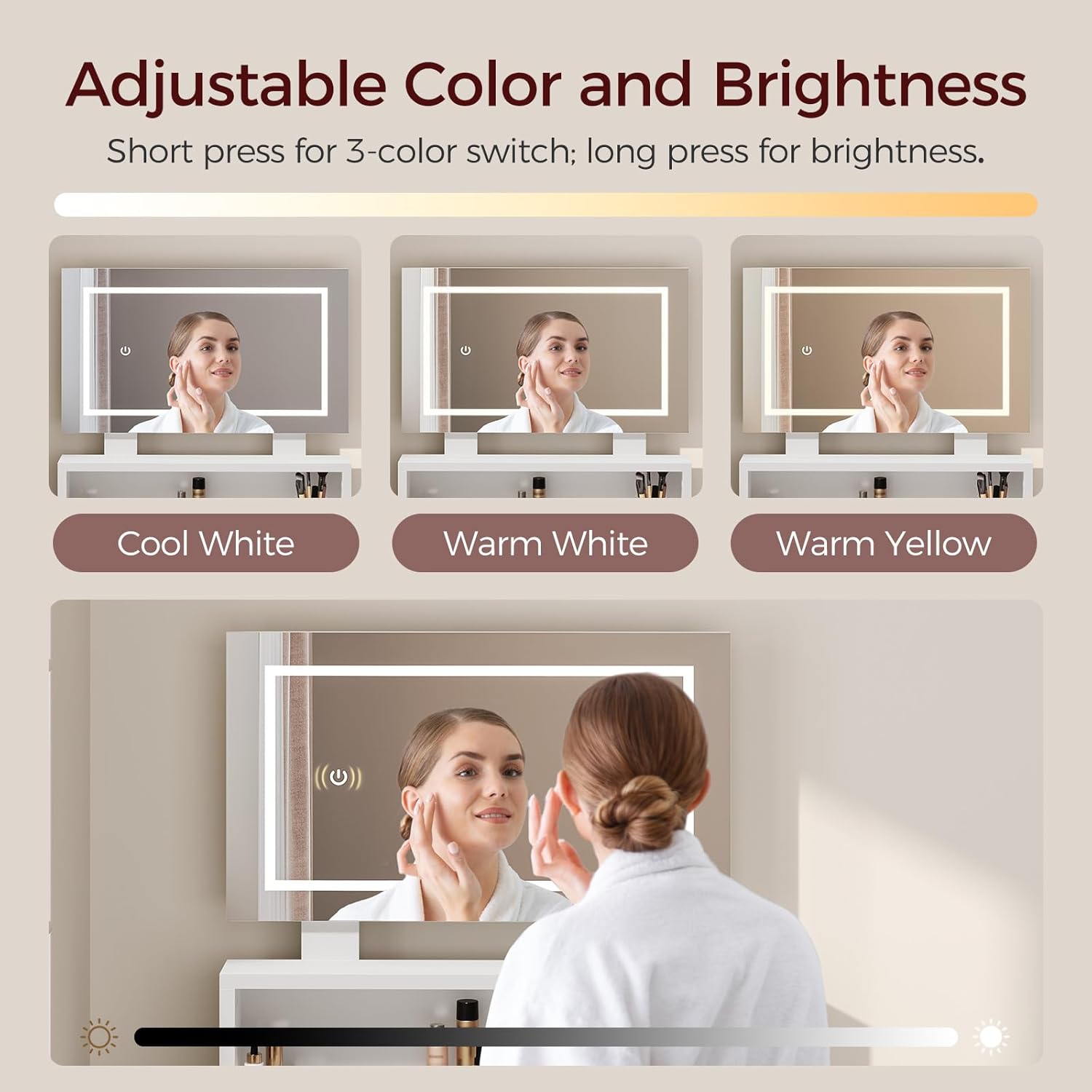 White Makeup Vanity Desk with Mirror and Lights, Vanity Table and Stool Set, Modern Ample Storage Dressing Table with Power Outlet and Drawer, 2 AC Outlets, 2 USB Ports, for Bedroom