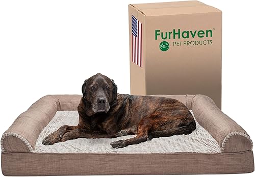 Miniatura 13 de Furhaven Cama para perro, de espuma viscoelástica, estilo sofá, Sherpa y chenilla, café, M (Piel sintética de lujo y lino) Carbón vegetal,(Piel