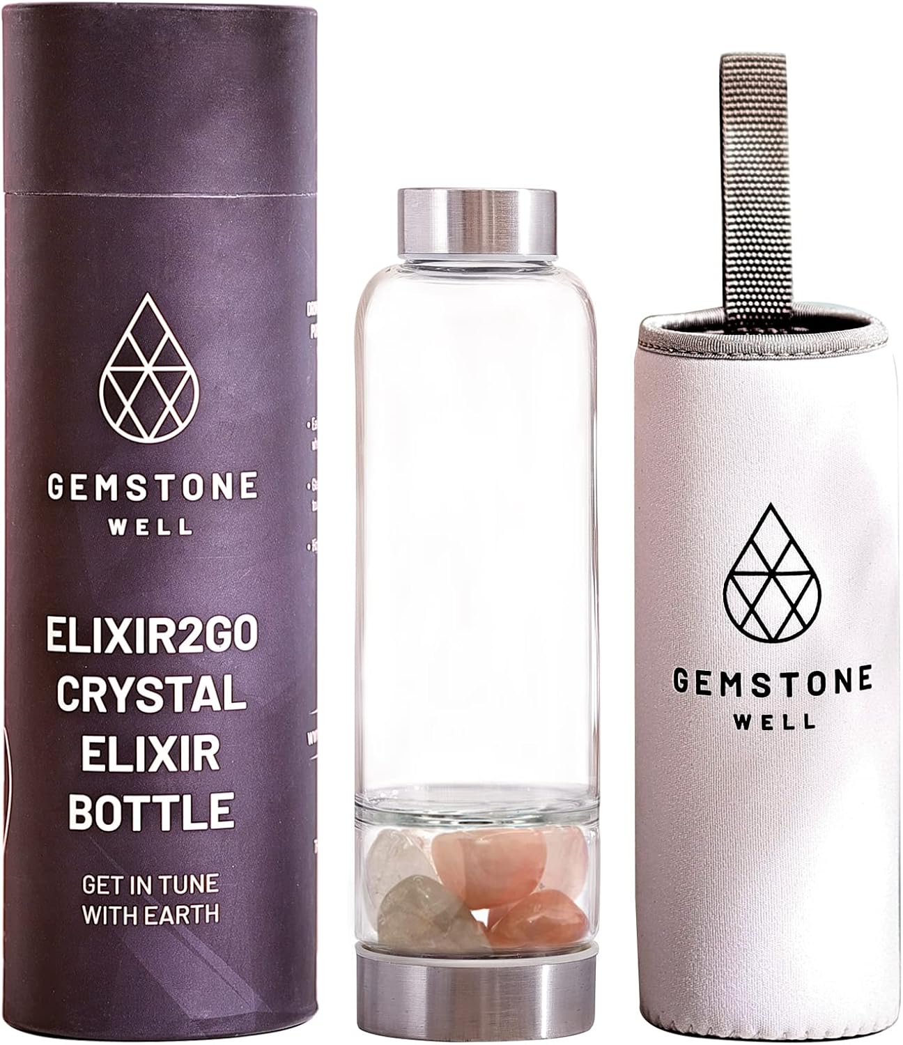 Crystal Water Bottle Elixir Set | Genuine Authentic Rose Quartz & Clear Quartz Healing Gemstones | Black Neoprene Sleeve | Drink Gem Infused Water