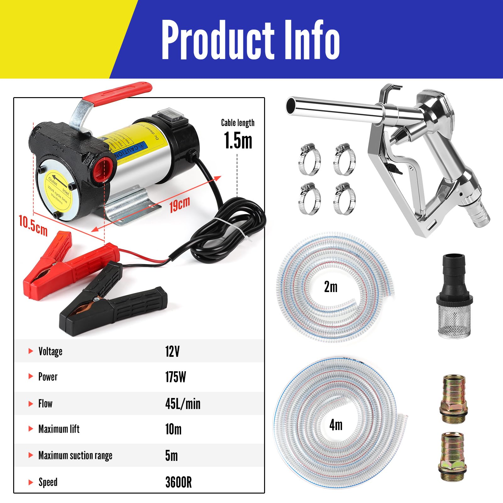 SWAWIS Pompa Diesel Elettrica 12V 175W, Pompa Travaso Gasolio 45l/Min con Pistola Manuale per Olio e Tubo Flessibile, Pompa di Trasferimento Diesel per Navi Campi Petroliferi Escavatori