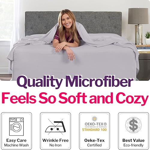 Miniatura 29 de Juego de sábanas de tamaño matrimonial – Juego de sábanas de bolsillo profundo – Juego de 4 piezas con sábana bajera de 21 pulgadas, sábana encimera