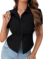 Vista 9 de LYANER Blusa de trabajo de manga corta acanalada con cuello en V y botones para mujer