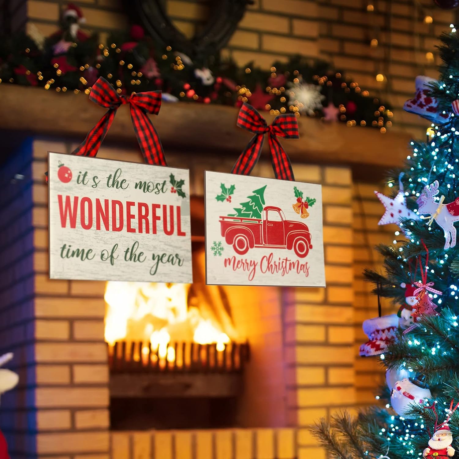Jetec 2 Pcs Christmas Sign Merry Christmas Decorations It's the Most Wonderful Time of the Year Hanging Sign Wooden Xmas Funny Wall Art Signs with Bows for Home Window Wall Indoor Outdoor 9.8 x 6.9 In