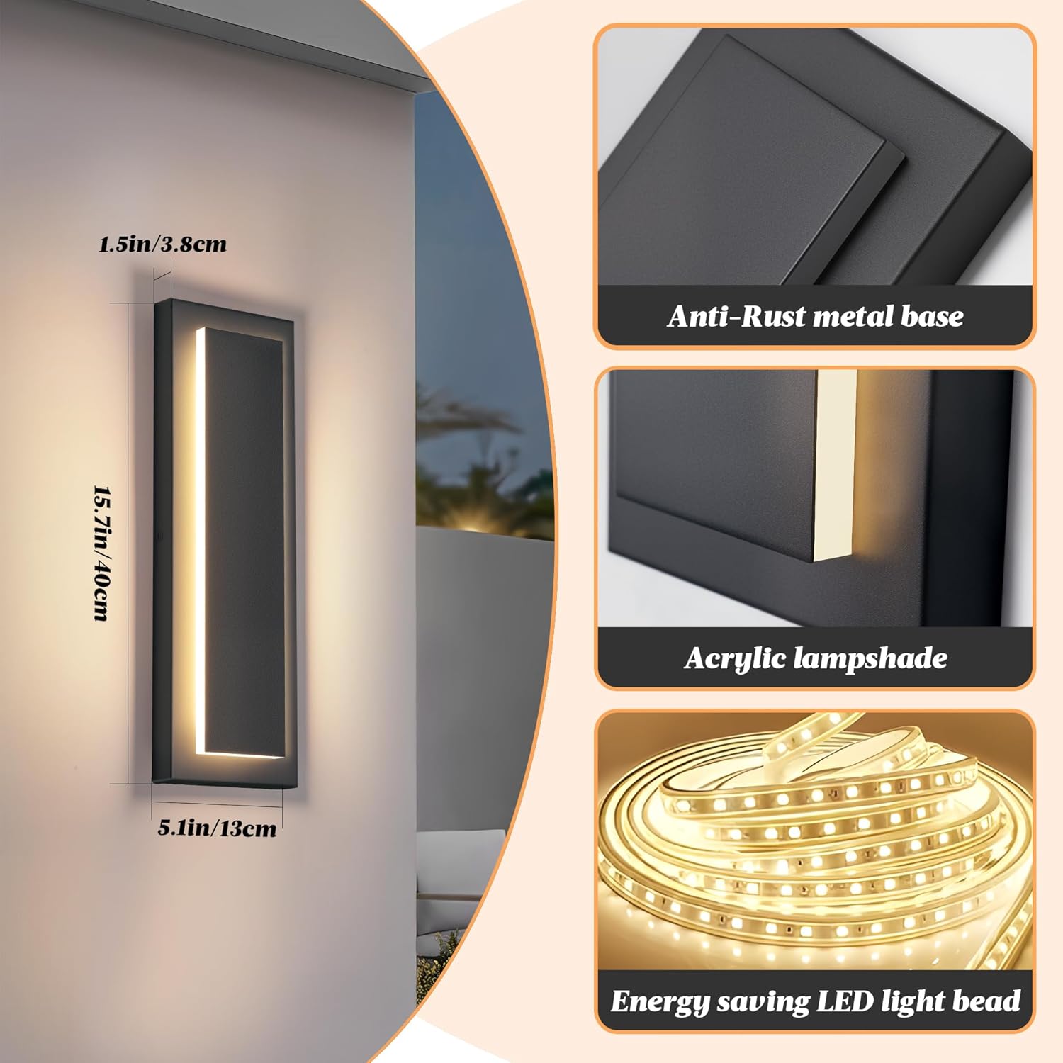 15.7 in Outdoor Wall Sconce Light,Modern Exterior Lights Fixture,Outdoor Porch Lights for House,Patio,Outdoor Wall Lighting,3000K Warm White, 12 W 2 Packs